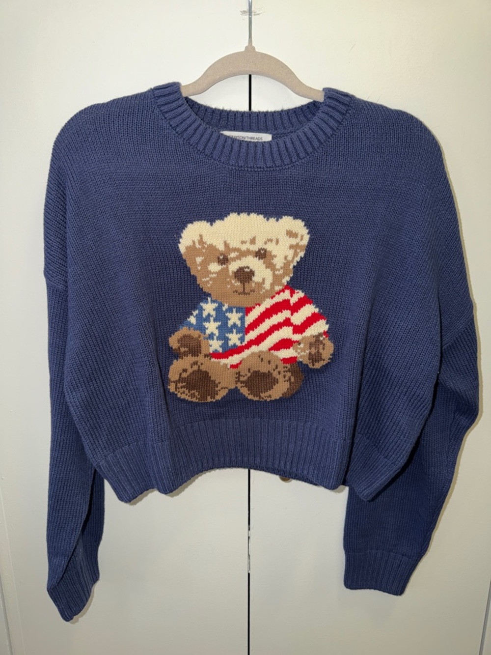 American Flag Teddy Bear Cropped Sweater